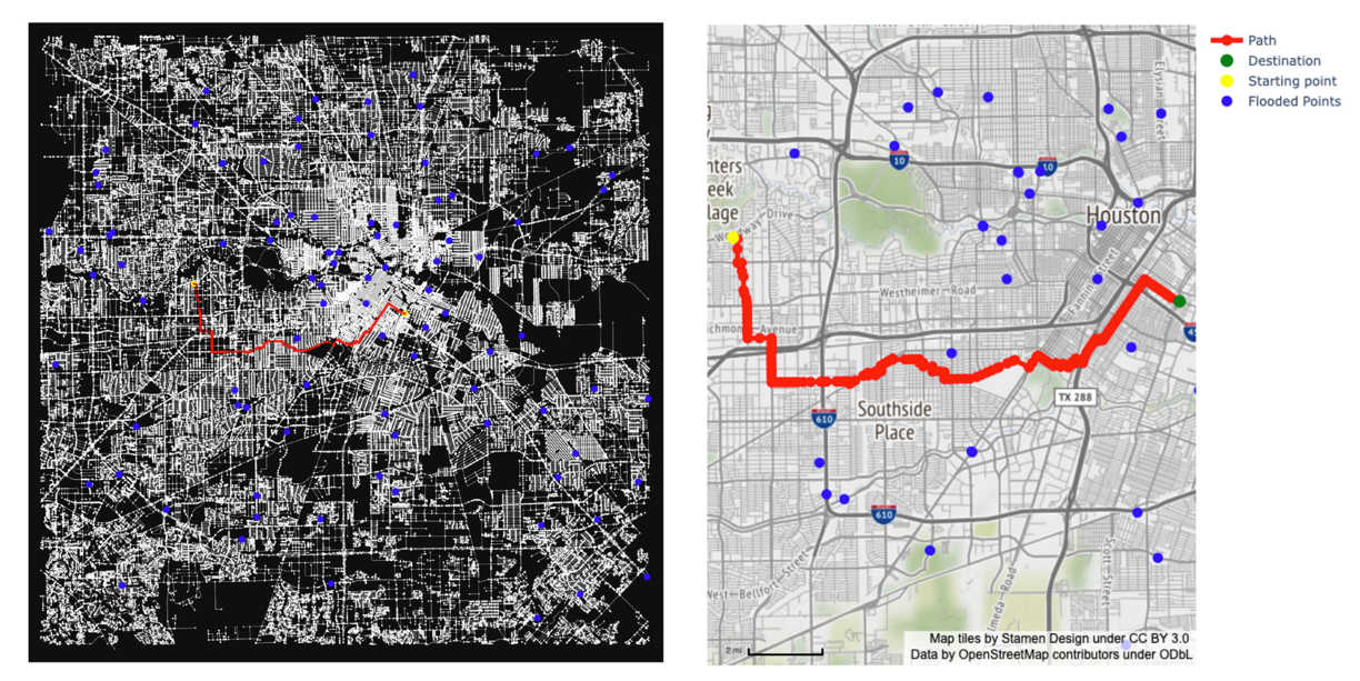 A satellite image next to a road map with a route on it highlighted.