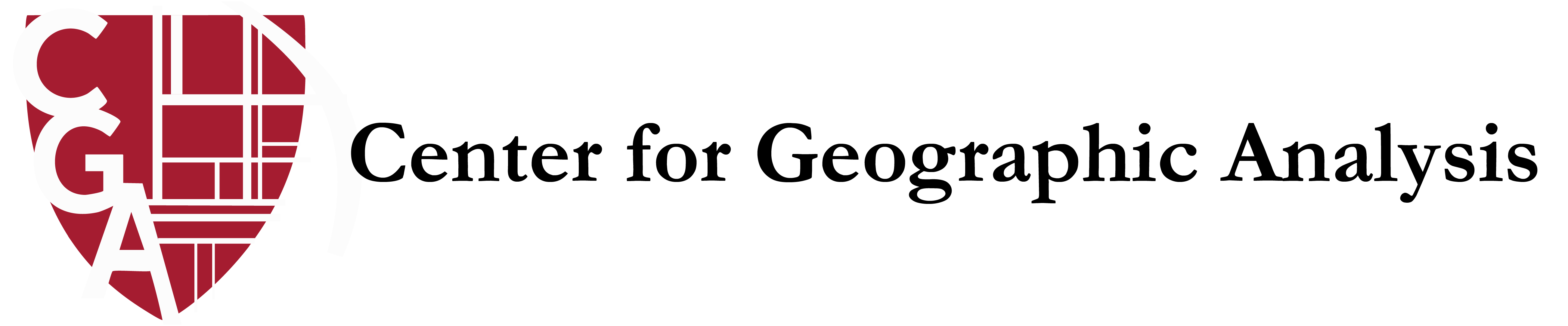 Crimson colored shield with "CGA" and a road design. "Center for Geographic Analysis" written out.