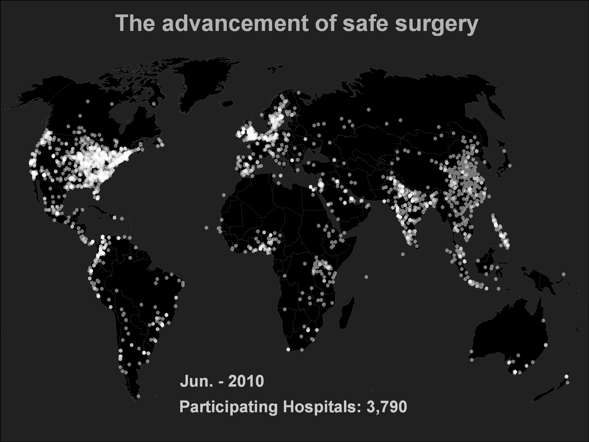 A global map showing the advancement of safe surgery hospital locations.