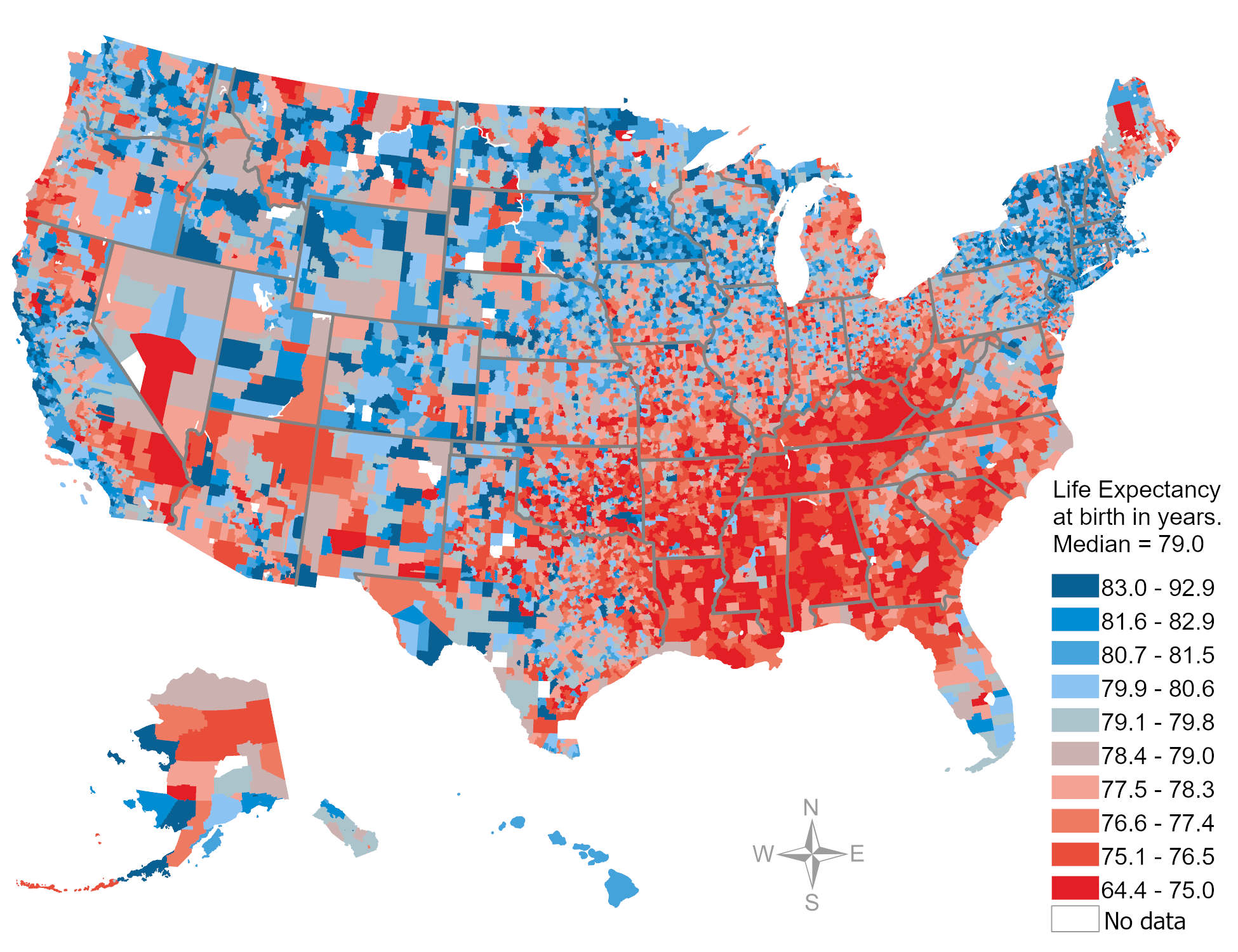 map of US school districts colored by life expectancy