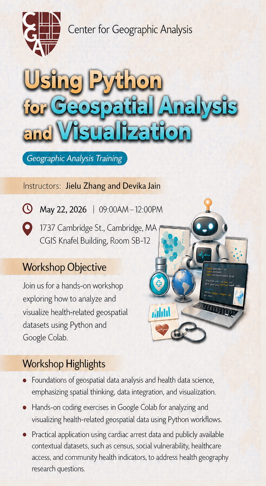 flier advertising the Using Python for Geospatial Analysis workshop